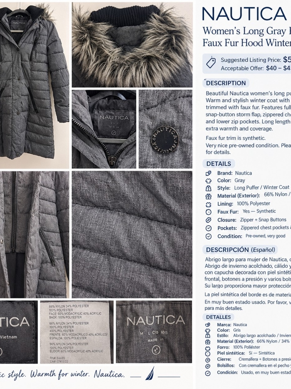 Nautica Women's Gray Quilted Long Puffer Coat with Faux Fur Trim